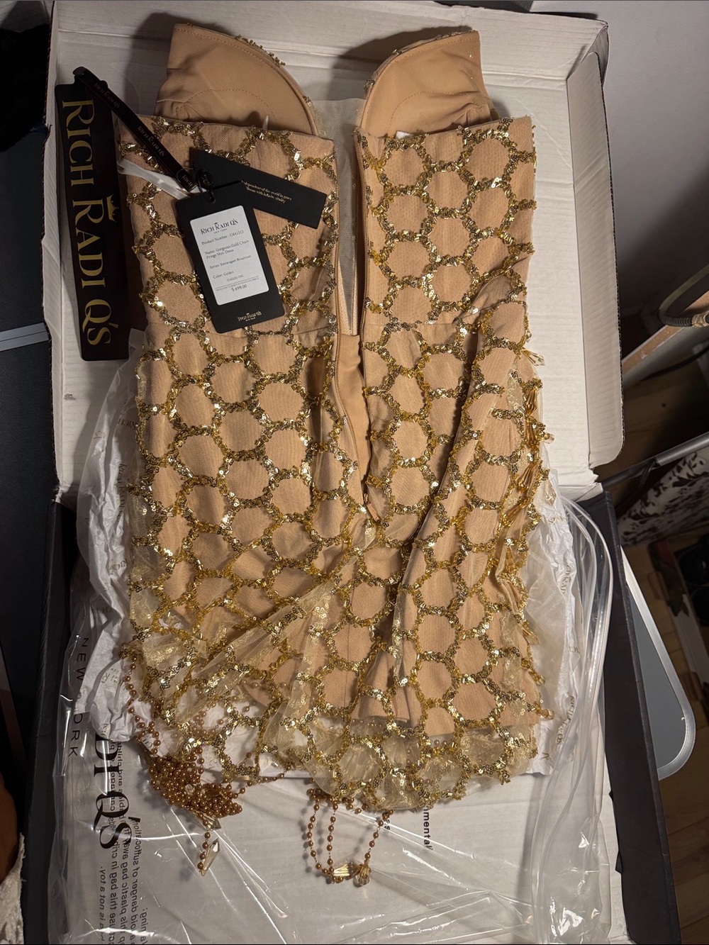 Rochas Nude Sheer Mini Dress with Gold Sequin Honeycomb Overlay
